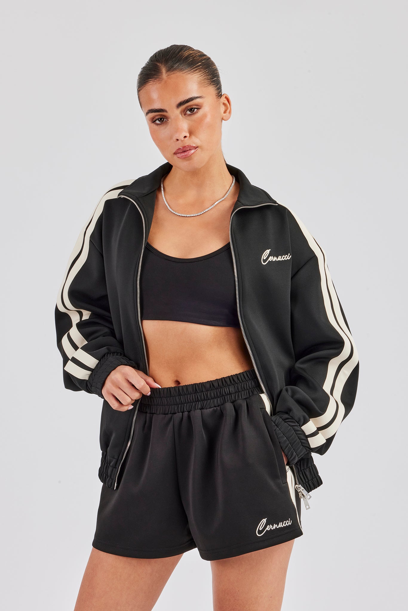 Funnel Neck Taping Zip Through Track Jacket & Short- Black